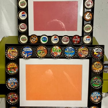 2 Vintage Mixed Metal Soda bottle Caps & Cereal Box Top Caps ~  Whimsical Art Frames~ holds 4”x6” and 5”x7” photos ~ Display Picture Frames 