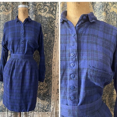 Vintage ‘80s Gypsy Pier 1 indigo blue plaid flannel skirt set | button down blouse with matching skirt, XS/XXS 