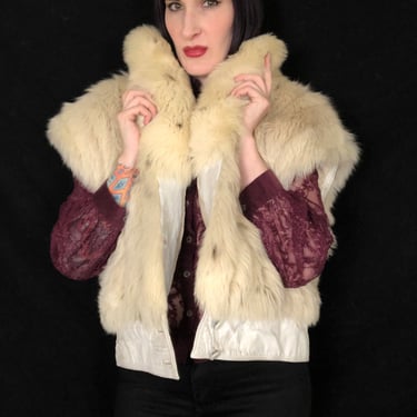 Vintage 1980's Fluffy White Fox Fur and Leather Trim Vest - size XL 2X 3X 