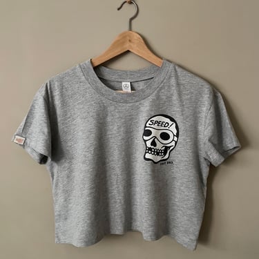 Speed skull traditional tattoo light gray flowy cotton blend women’s summer motorcycle cropped tee crop top 