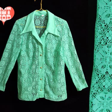 Vibrant Vintage 60s 70s Minty Green Dagger Collared Long Sleeve Floral Lace Blouse 