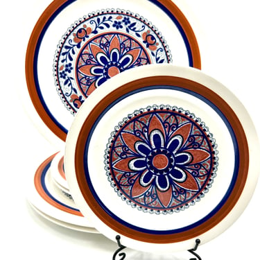 Vintage Noritake Craftone Lunch/Salad, Dinner Plates, Dark Blue, Rust, Dark Red, Flower, "Ragtime" Pattern, No. 8761, 1970s Retro Dinnerware 