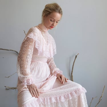 Delicate pink lace Victorian inspired wedding dress 