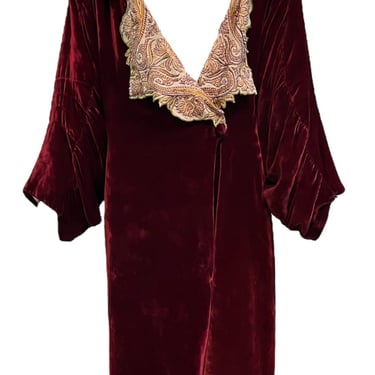 20s Lord &amp; Taylor Ruby Red Silk Velvet Opera Coat with Hand Embroidered Collar