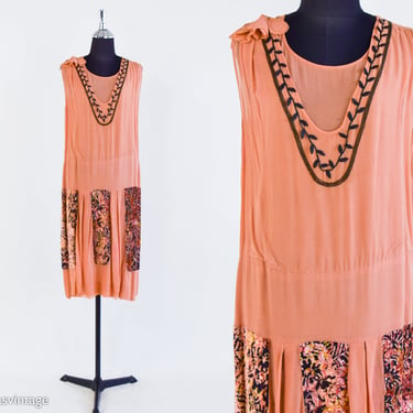 1920s Copper Silk Flapper Dress | 20s Peach & Brown Silk Flapper Dress 