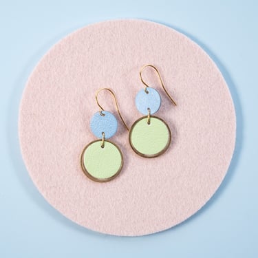 Sky Blue + Mint Green Orbit Leather Earrings - Colourful Retro Statement Earrings 