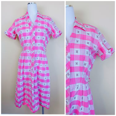 1960s Vintage Dan River Neon Pink Wiggle Dress / 60s/ Sixties Checkered Cotton Shirt Dress / Medium 