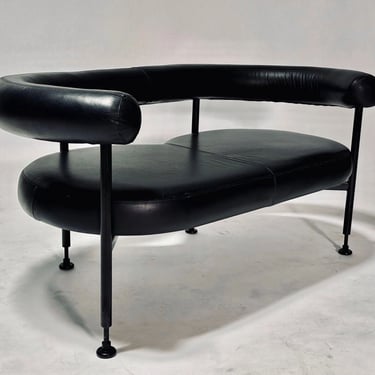 Postmodern Black Leather and Steel Settee Bench, 1980