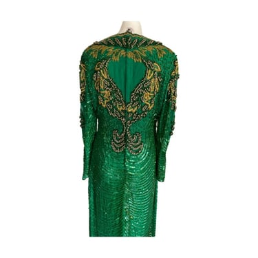 80s heavily embellished full length gown, long sequin green and gold dress, gold beaded gown, flapper dress size medium m 10 / 12  Eur 40 