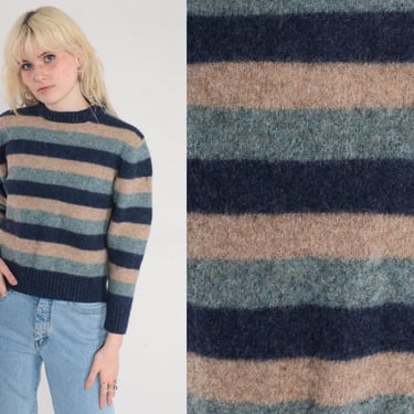 Striped Wool Sweater 90s Pullover Knit Sweater Basic Crewneck Jumper Simple Preppy Retro Knitwear Beige Blue Vintage 1990s Extra Small xs 