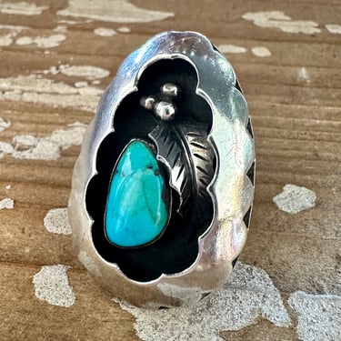 NEW DEPTHS Vintage Handmade Large Ring Sterling Silver, Turquoise, Cutout Dark Patina | Native American Style Jewelry Southwestern | Size 7 