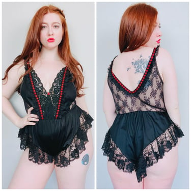 1980s Vintage Tosca Lingerie Ribbon Teddy / 80s Black and Red Lace Tap Pants Bikini Cut Romper / Large 