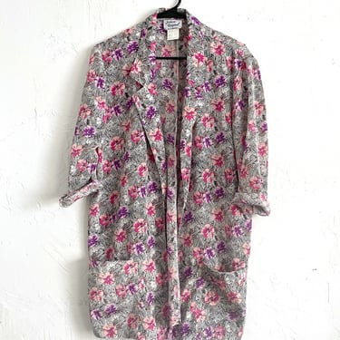 Vintage 80s Long Pink Purple and White Open Floral Print Blazer 