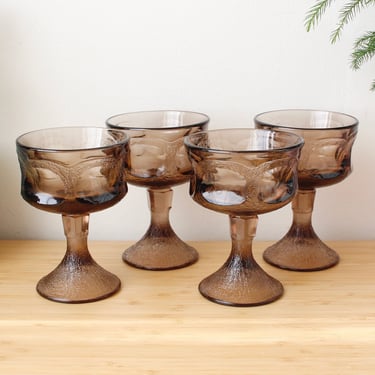 Vintage 1970s Smoke Glass Goblets - Dark Purple Brown Fancy Drinking Glasses - Set/4 
