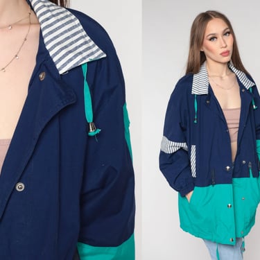 Blue Windbreaker Jacket 90s Teal Color Block Coat Cotton Blend Jacket Drawstring Hem Plain Lightweight Vintage 1990s Small Medium 