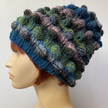 Warm & Cozy wooly hat~ handmade crocheted nubby balls poms colorful blues purple greens oversized boho 100% wool 