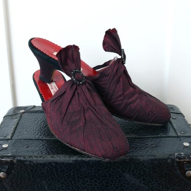 vintage rococo French slipper couture shoes • Wendy Holden handmade red & black silk mules 