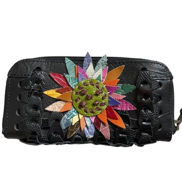 NWT Octopus Handbags Handmade Black Leather Hippie Boho Floral Wristlet Wallet  