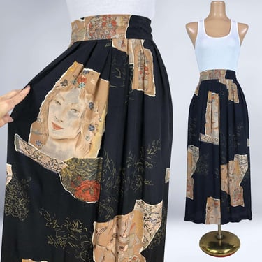 VINTAGE 90s Face Novelty Print Art-Nouveau Rayon Skirt By A.F.K. Sz Large 34-41 | 1990s Equestrian Skirt with Pockets | VFG 