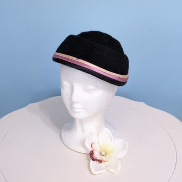 Vintage 1950s Elegant Black Cocktail Hat, Vintage 50s Felted Wool Evening Party Hat 