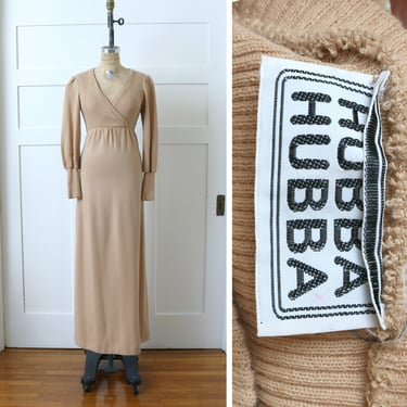 vintage 1970s knit maxi dress • minimalist camel color puff sleeve wrap front dress 