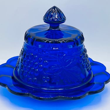Vintage Mosser Grapes Cobalt Blue Depression Glass Covered Cheese Dome Butter Dish 