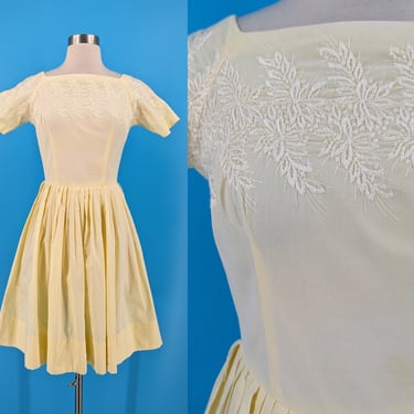 Vintage 60s XXS Yellow Cotton Short Sleeve Embroidered Fit and Flare Dress 