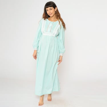 Vintage Mint Blue Nightgown 70s Barbizon Featherlite Empire Waist Lace Trim Bib Long Sleeve Maxi Dress 1970s Cottagecore Sleepwear Medium M 