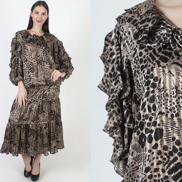 Black Animal Print Georgette Dress, African Safari Lions Tigers, Large Vertical Striped Maxi 