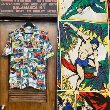 Vintage 1980’s Tarzan Cartoon Comic Book New Wave Loop Collar Short Sleeve Shirt, 80’s Vintage Clothing 