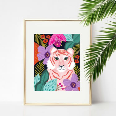 Tiger With Jungle Plants 8 X 10 Art Print/ Tropical Forest Wall Decor/ Animal Illustration/ Big Cats Wildlife Giclee Print 