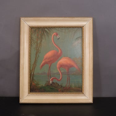 Mid-Century Alfonso T. Toran Pink Flamingos Oil Painting Signed 
