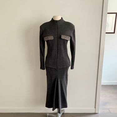 Exquisite Claude Montana grey wool knit skirt suit-size S/M 