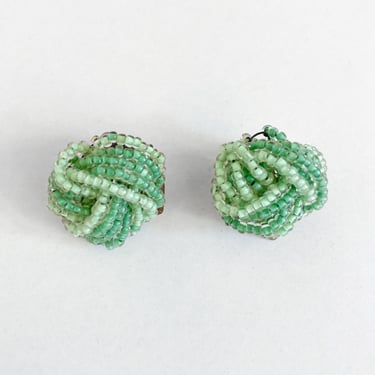 60s Light Mint Green Glass Seed Bead Knot Clip On Earrings 