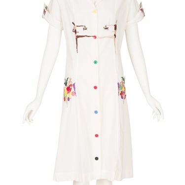 Walco 1930s Vintage Novelty Hand-Embroidered White Cotton Work Dress Sz L 
