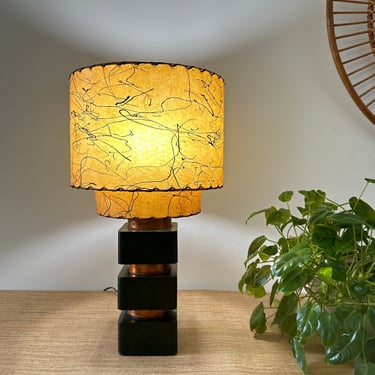 Mid Century Green Square Table Lamp with Two Tier Fiberglass Shade 