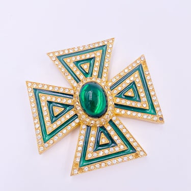 Galanos Maltese Cross Emerald Crystal Brooch 
