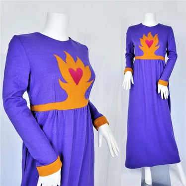 1970's Purple Knit Long Sacred Heart Patchwork Applique Maxi Dress I Sz Med I Jane Martin II 