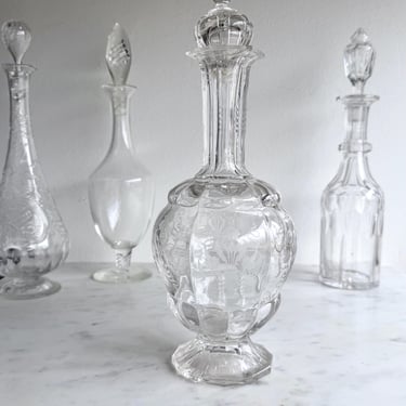 Antique Decanter Stevens & Williams Victorian Rock Crystal Decanter Etched Lily 1800s Intaglio Barware Liquor Bottle with Stopper 