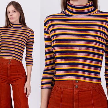 70s Retro Striped Knit Mockneck Top - Extra Small | Vintage Long Sleeve Lightweight Fitted Cropped Sweater 