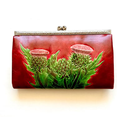 Vintage Scottish Thistle 50s 60s Embossed Leather Tooled Handbag Red Floral Bag Clutch 