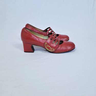 1960's Strappy Red Leather Wedge Heel Square Toe Mary Jane Shoes I Sz 8 I Connie 