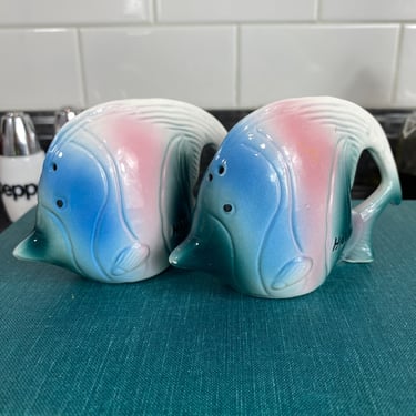 Vintage Hawaii Tropical Fish Salt and Pepper Shaker set | Pink Blue and Green Fish Set | Sea Life Ocean Vibes Seashells by the Sea Shore 