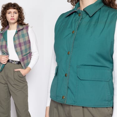 Medium 80s Woolrich Teal & Plaid Reversible Vest | Vintage Snap Up Sleeveless Jacket 