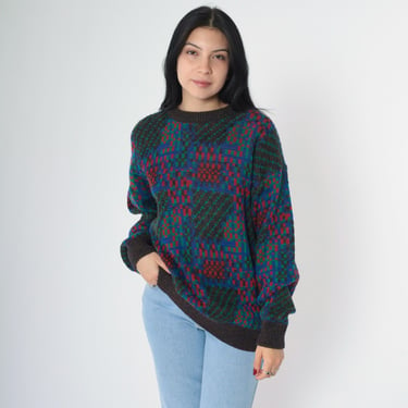 Vintage Abstract Sweater 80s Flecked Checkered Knit Retro Statement Crewneck Pullover Jacquard Green Red Blue 1980s Acrylic Medium M 