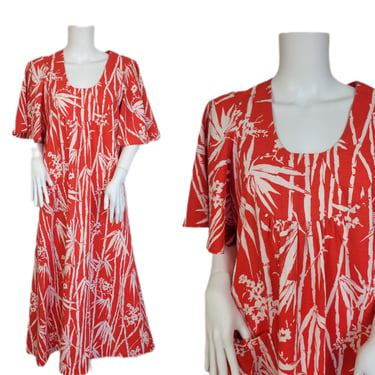 1980's Red White Bamboo Print Hawaiian Caftan Muumuu Dress I Sz Med 
