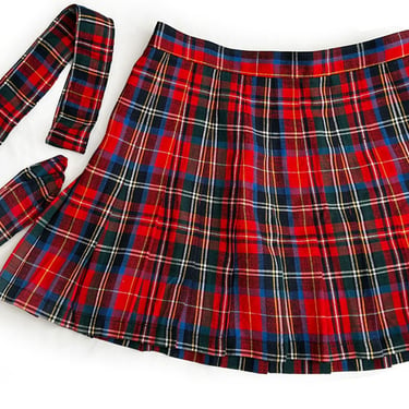 70's Plaid Mini Skirt, Red Short Pleated Short skirt & Belt 1970's Punk Rock, MINT NEW Old Stock, Vintage School Girl Tartan 