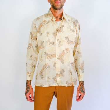 Vintage 70s Christian Dior Paris Tan Island & Boat Print Button Up Shirt | 100% Cotton | Made in Panama | UNWORN | 1970s DIOR Designer Shirt 