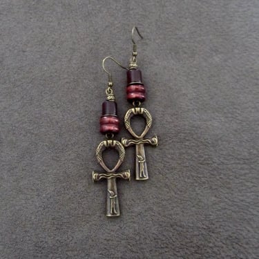 Ankh earrings bronze, Egyptian African earrings, bold statement earrings, ethnic tribal earrings, fertility symbol, Afrocentric red earrings 