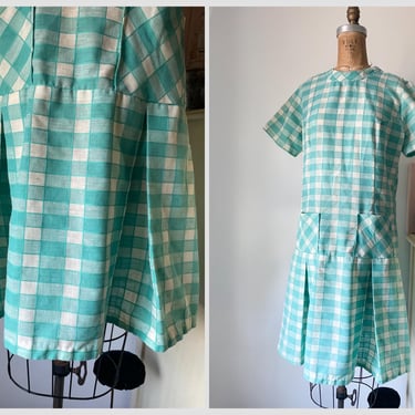 Vintage 1950’s ‘60s aqua check dress, drop waist dress | metal zipper, handmade mid century dress, S/M 